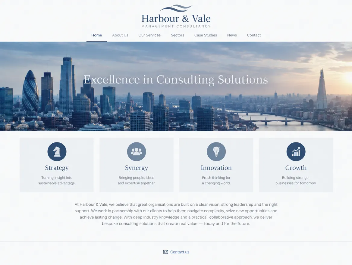 Before: a fictional consultancy homepage with the generic strapline Excellence in Consulting Solutions and a contact link at the bottom