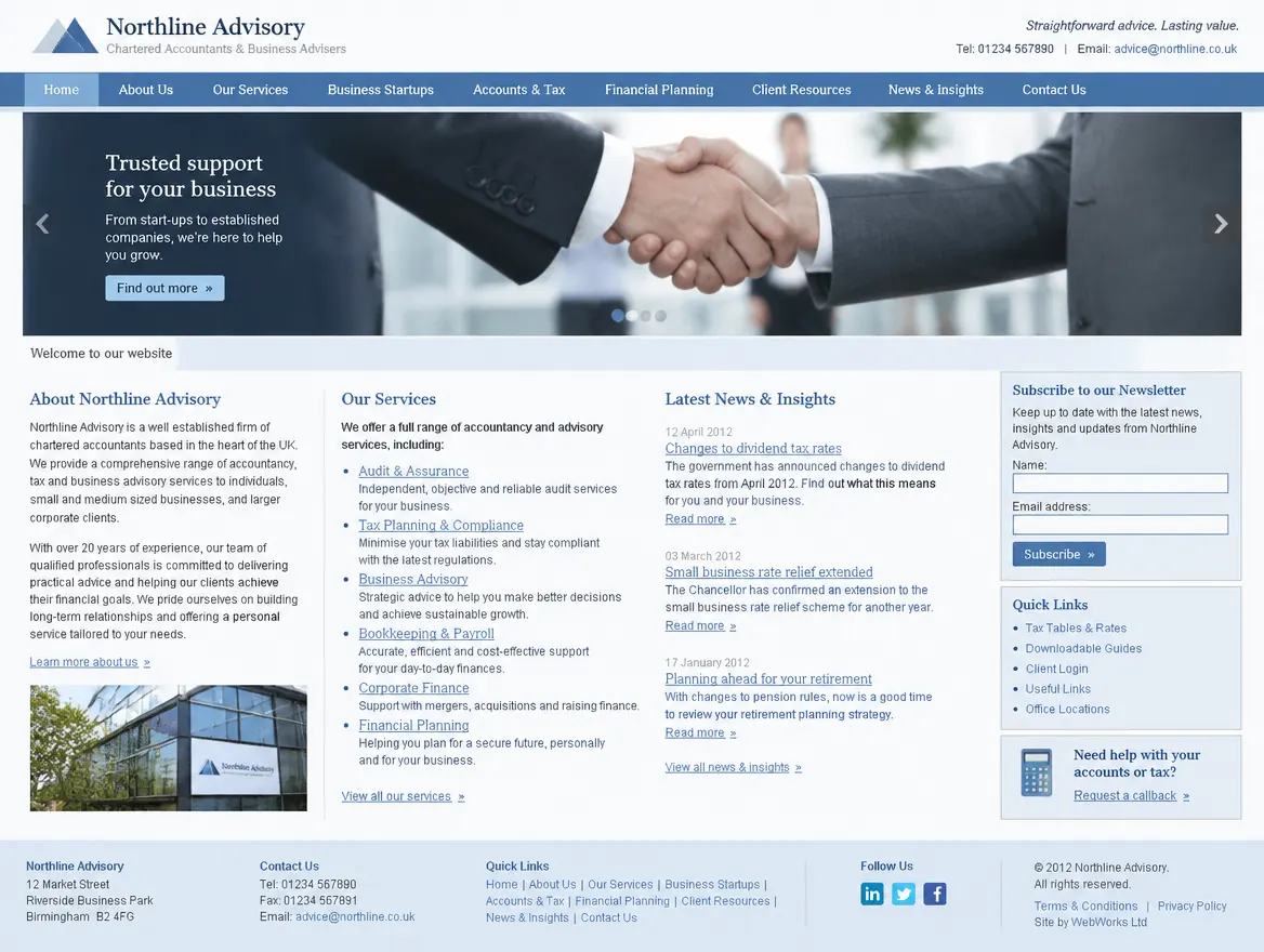 Before: a dated fictional accountancy homepage with a stock handshake slider, a crowded menu and a Find out more button