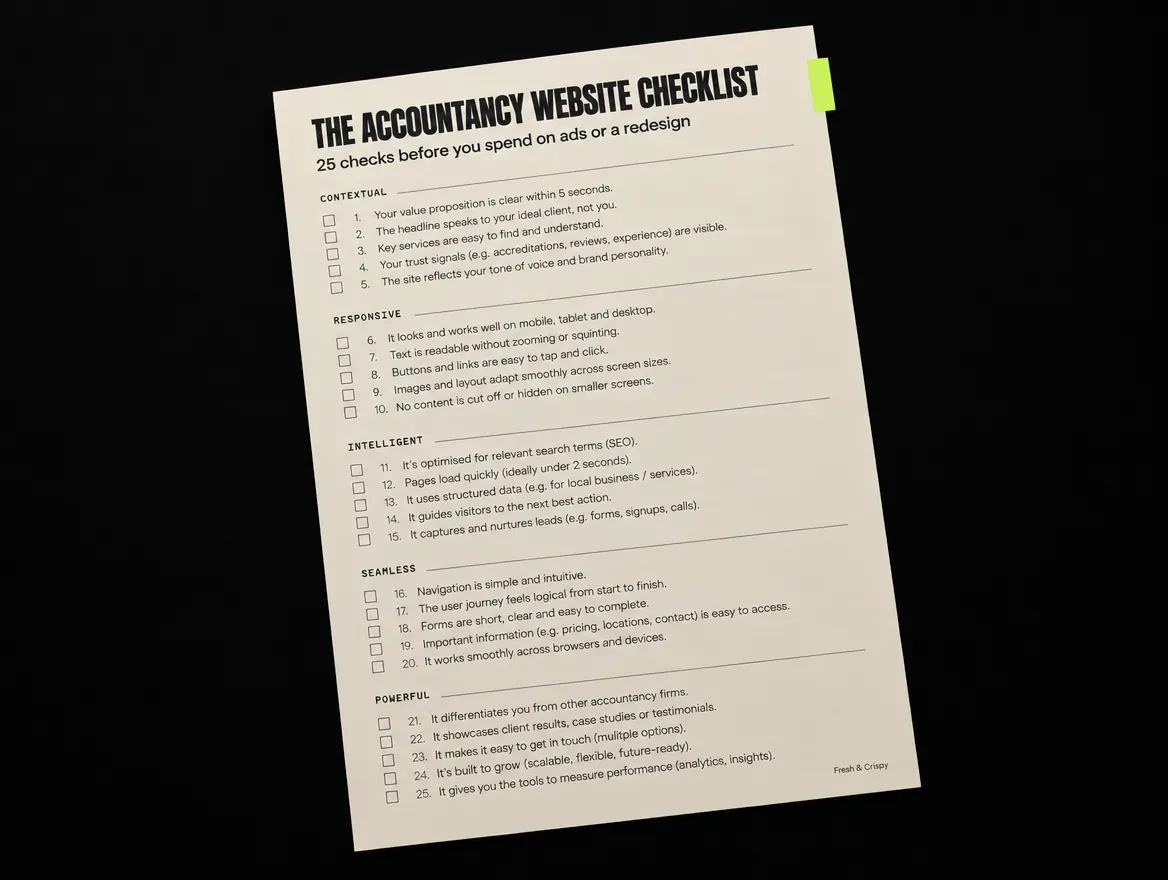 Cover of the accountancy website checklist showing 25 checks grouped under the five CRISP dimensions