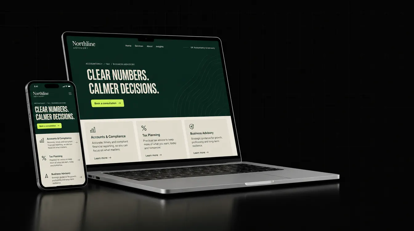 Concept accountancy website for the fictional firm Northline Advisory on a laptop and phone, showing a clear headline, a book a consultation button and accounts, tax planning and business advisory service cards