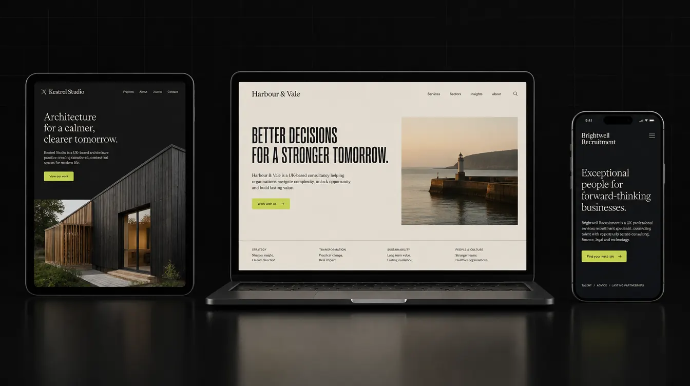 Concept websites for three fictional professional-service firms, an architecture practice, a consultancy and a recruitment firm, shown on a tablet, laptop and phone