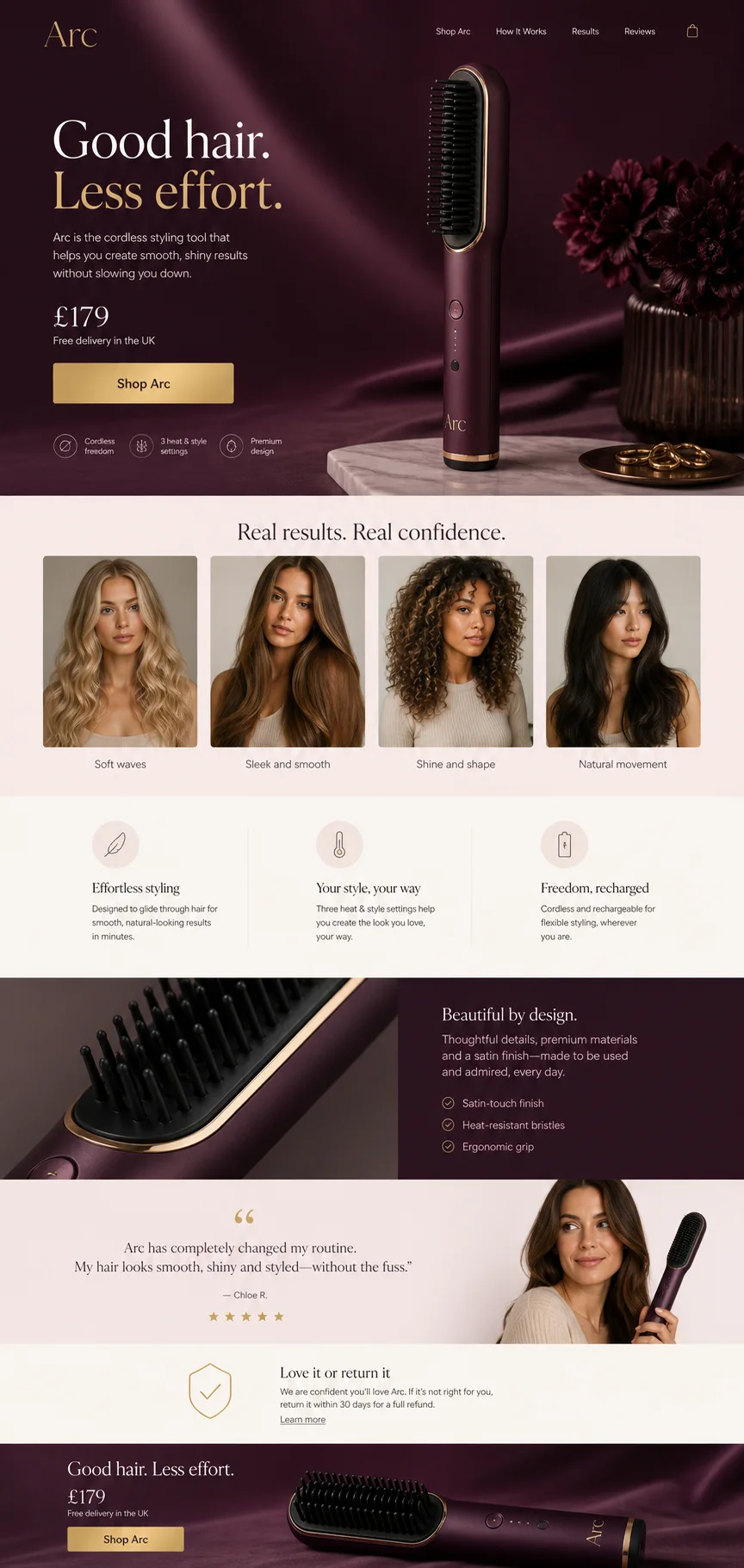 Arc beauty commerce concept with burgundy art direction, gold typography and a sculptural product photograph