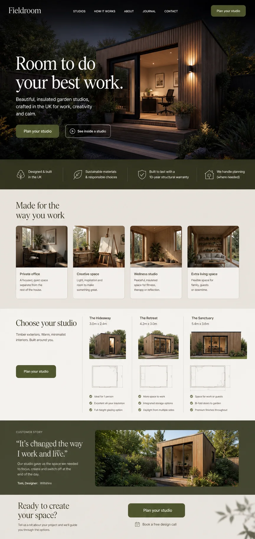 Fieldroom garden studio website concept with architectural photography, editorial typography and olive accents
