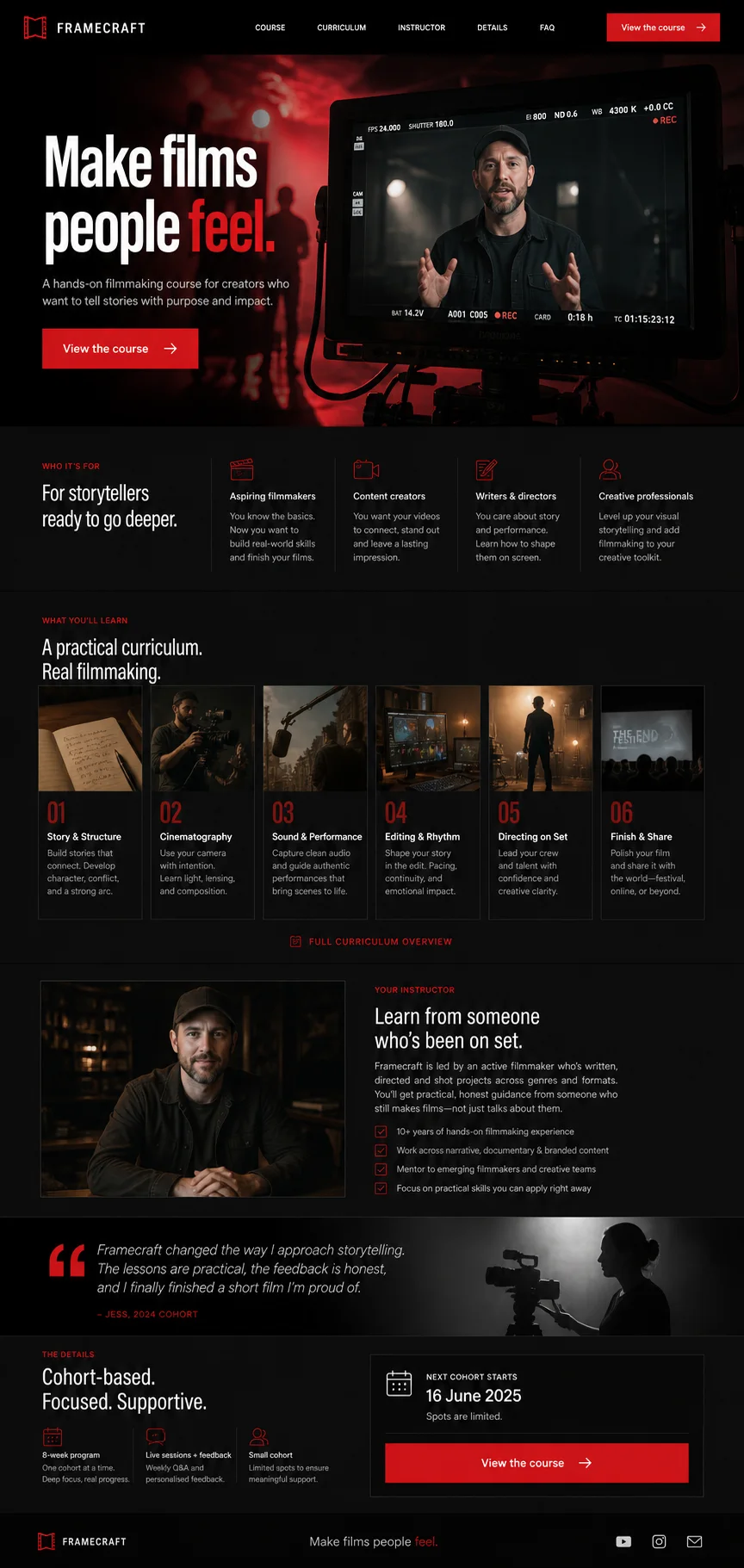 Black and red landing page concept for a fictional filmmaking course