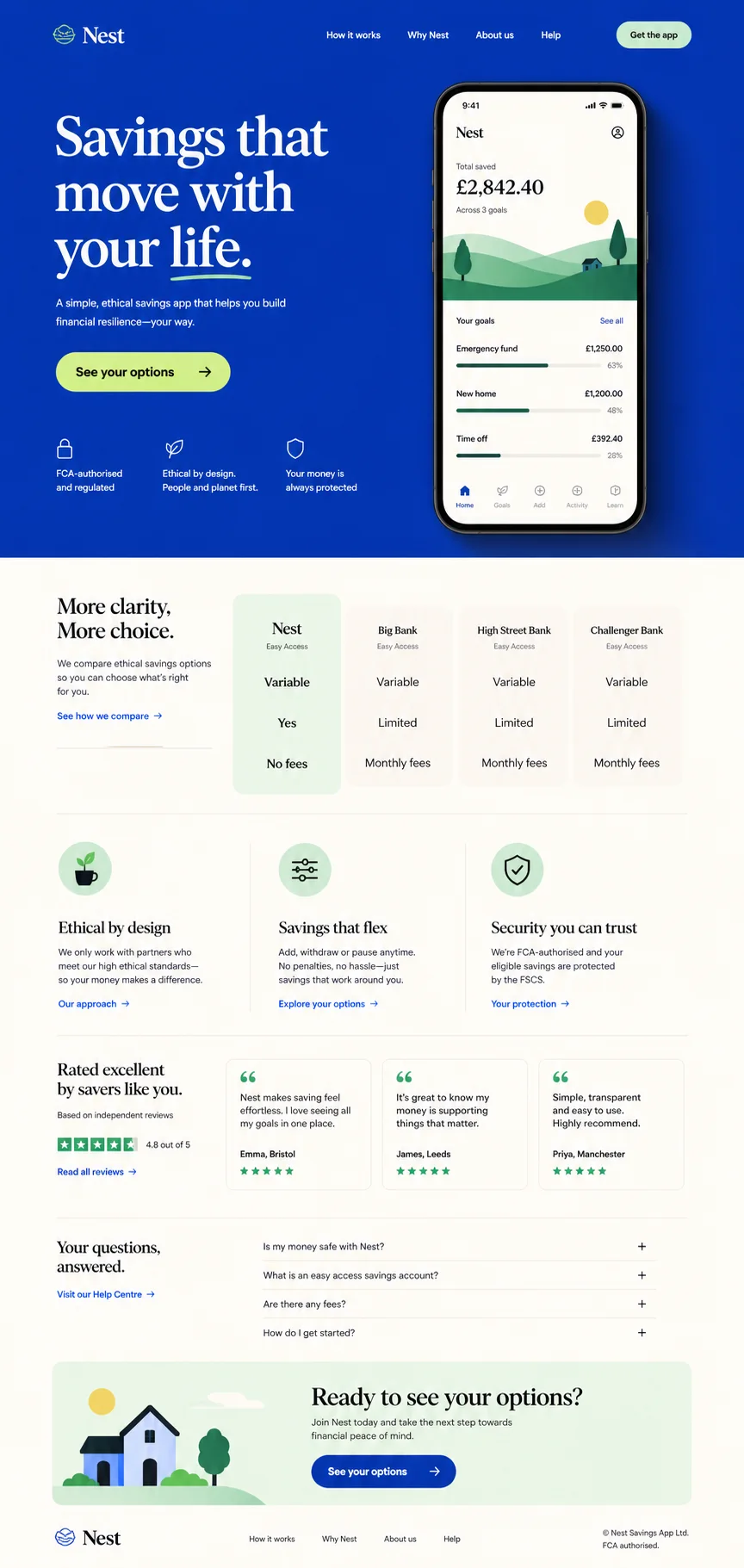 Blue and cream landing page concept for a fictional ethical savings app