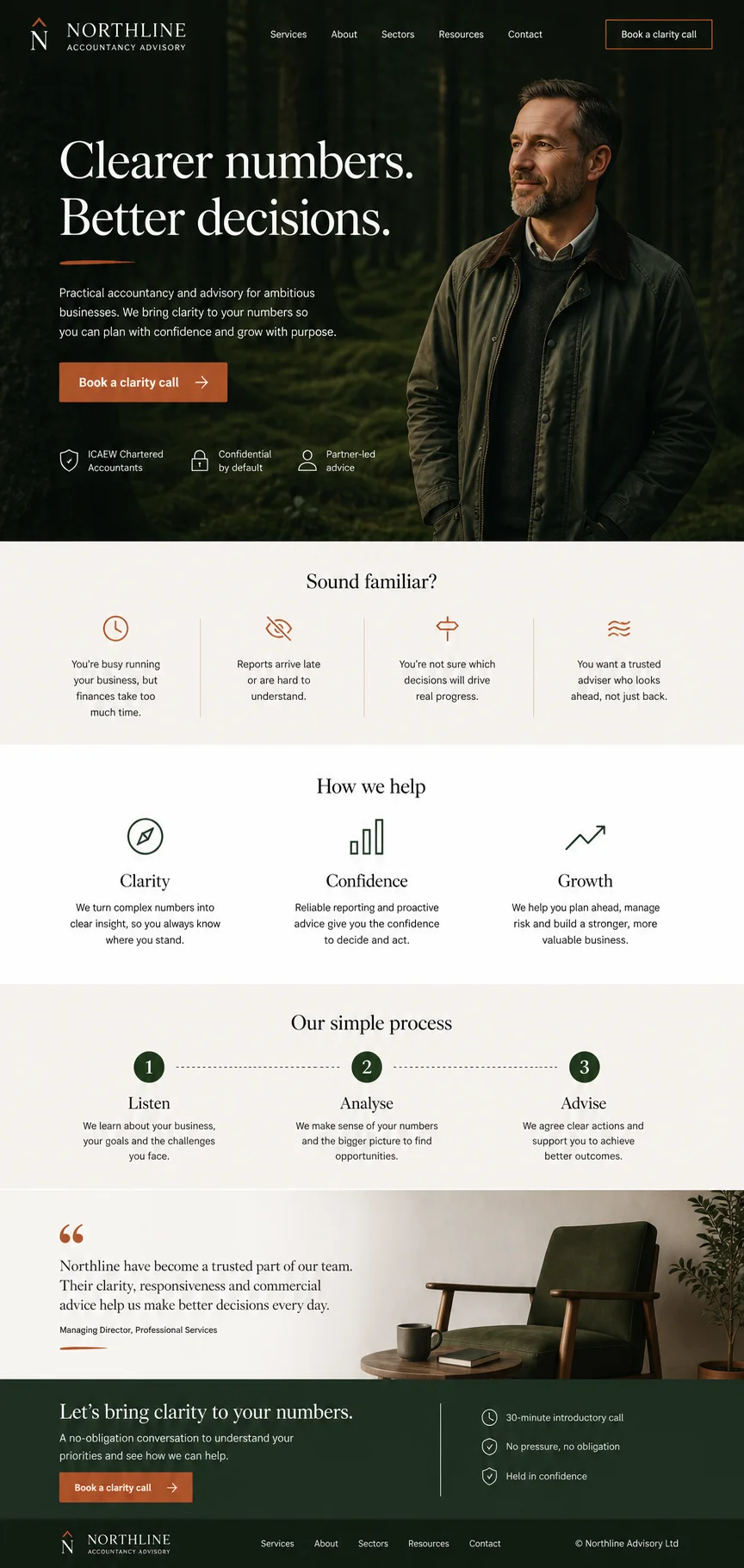 Dark green landing page concept for a fictional accountancy advisory firm