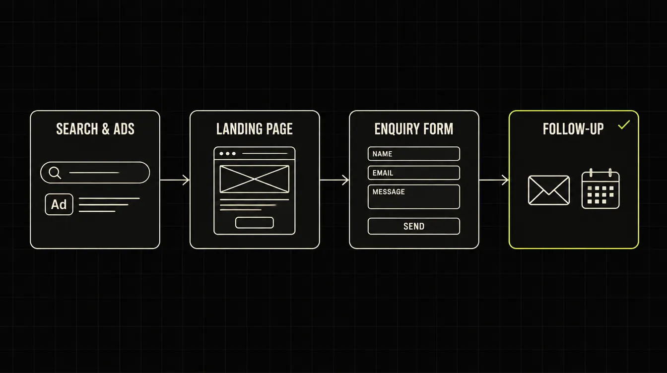 Illustration of a service business sales funnel: search and ads lead to a landing page, then an enquiry form, then email and calendar follow-up