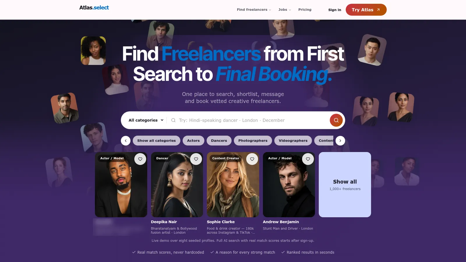 Atlas homepage with the headline Find freelancers from first search to final booking