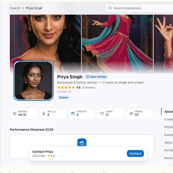 Atlas freelancer profile inside the web app, with photos, a verified badge, ratings, skills and a contact button