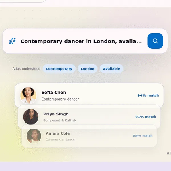 Atlas plain-language search for a contemporary dancer in London, with the parsed filters and ranked freelancer matches with match scores