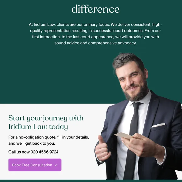Law firm consultation call to action design: a card inviting visitors to start with Iridium Law, with a phone number and a book free consultation button