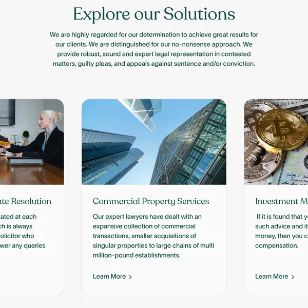 Law firm services section design: Explore our Solutions heading and service cards for commercial dispute resolution, commercial property and investment mis-selling