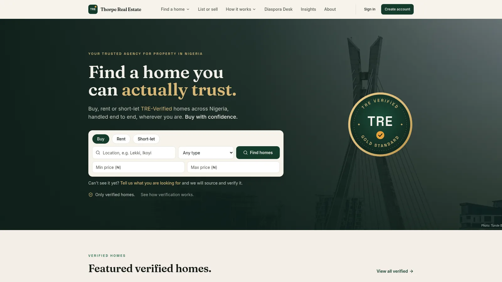 Thorpe Real Estate homepage with the headline Find a home you can actually trust, a buy, rent and short-let search panel and the TRE Verified Gold Standard seal