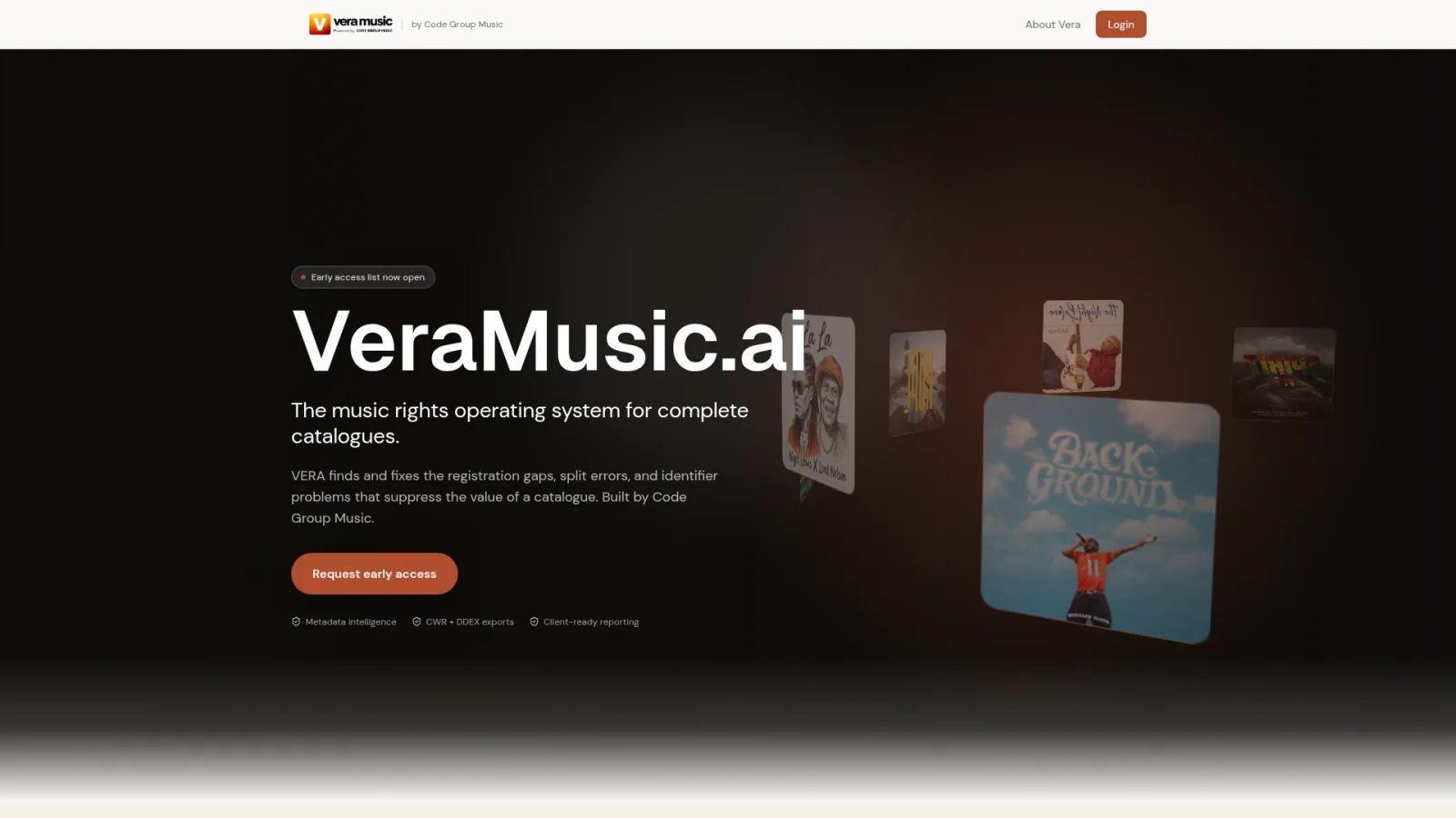 Vera Music early-access homepage for its music-rights operating system